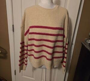 Cream and Pink Striped Cozy Knit Crop Sweater